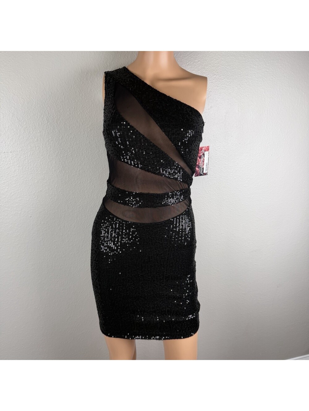 Obsession Boutique Black Sequin Mini Dress S One Shoulder Mesh Cutout Ruched